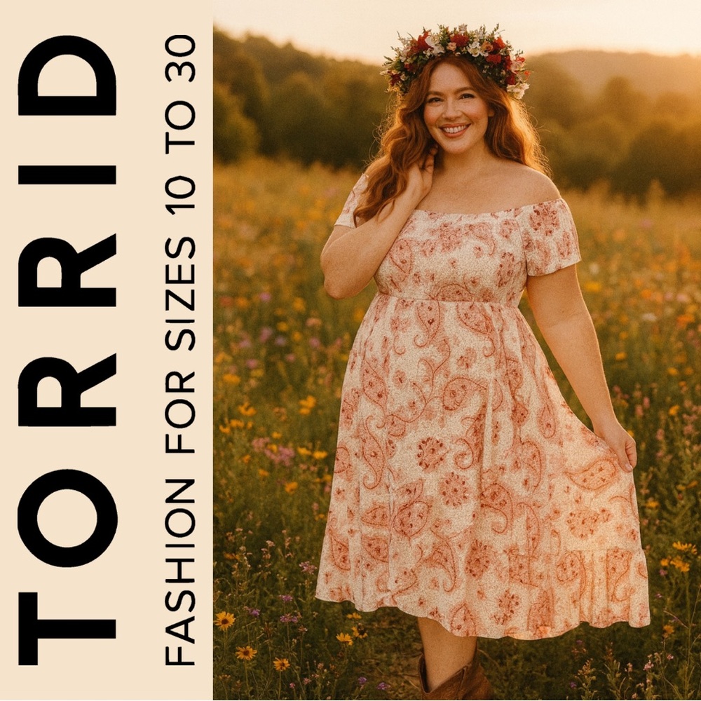 Torrid Paisley Off-Shoulder Midi Dress - Pink and Cream